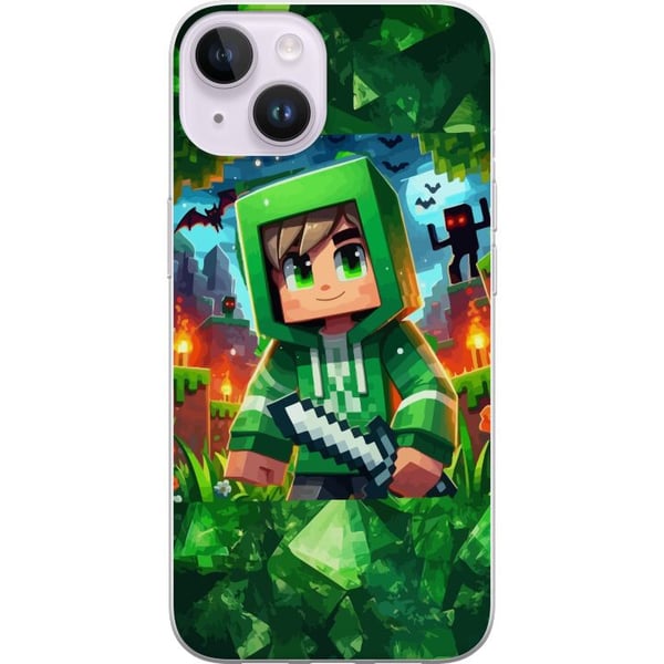 Kompatibelt Mobilskal till Apple iPhone 14 Minecraft gamer boy green hoodie – tecknad Minecraft pojke med svärd, pixlar och äventyrstema