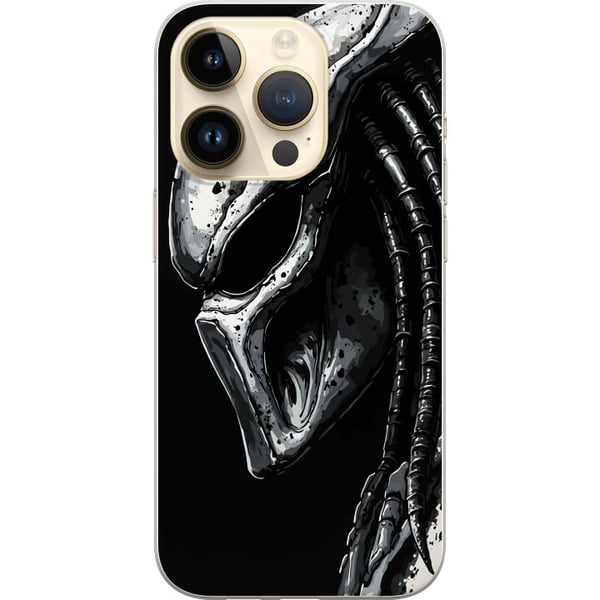 Kompatibelt Mobildeksel til Apple iPhone 14 Pro Dramatisk illustrasjon av en Predator-maske med metalliske teksturer, skygger og detaljer som forster