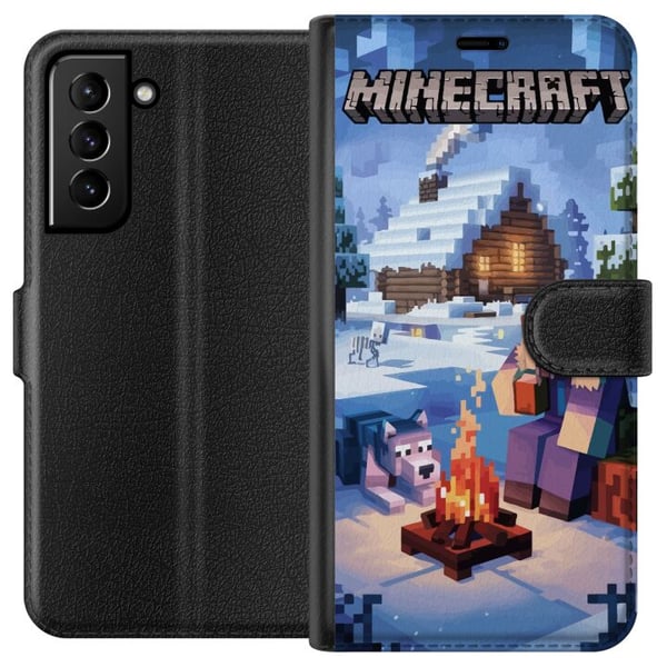 Kompatibelt Lommeboketui til Samsung Galaxy S21+ 5G Minecraft-vintermotiv med Steve, ulv, leirbål og snødekt hytte, spillillustrasjon for Minecraft-f Kompatibelt Lommeboketui til Samsung Galaxy S21+ 5G Minecraft-vintermotiv med Steve, ulv, leirbål og snødekt hytte, spillillustrasjon for Minecraft-f