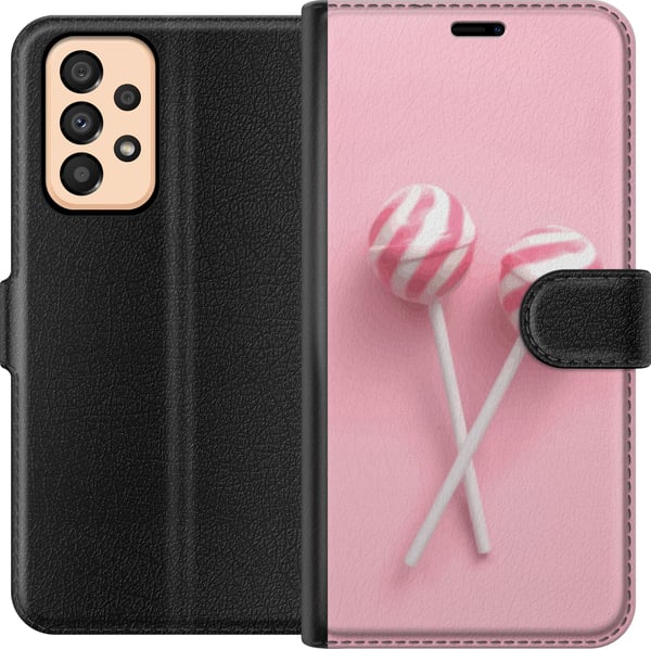 Kompatibel Tegnebogsetui til Samsung Galaxy A33 5G Lyserøde slikkepinde og slikdesign – Sødt pastelmotiv til trendy accessories