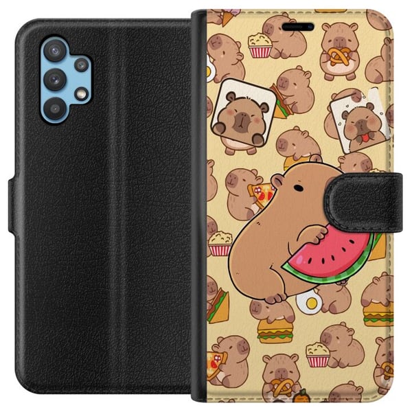 Kompatibel Tegnebogsetui til Samsung Galaxy A32 5G Capybara Snack Tid Søde kapibarer nyder vandmelon pizza og popcorn i et varmt og legende design, d