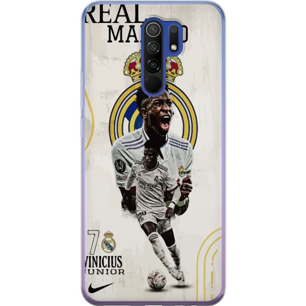 Kompatibel Mobilcover til Xiaomi Redmi 9 Real Madrid Vinícius Júnior med angriber i nummer 7-trøje klublogo hvid spilledragt energisk positur og kraf