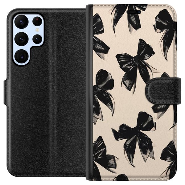 Yhteensopiva Lompakkokotelo Samsung Galaxy S22 Ultra 5G Mustat rusetit beigen taustan päällä, elegantti ajaton design pehmeillä kontrasteilla ja ylel