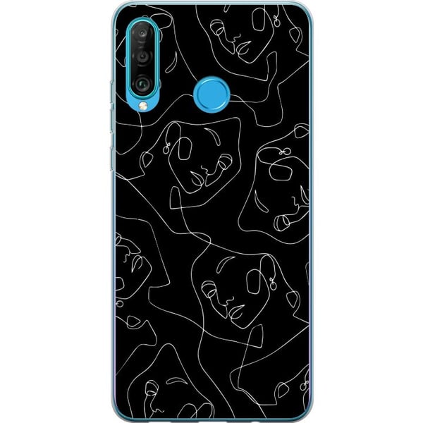 Kompatibelt Mobilskal till Huawei P30 lite Abstrakta ansikten linjekonst i vitt på mörk bakgrund modern minimalistisk stil för konstälskare