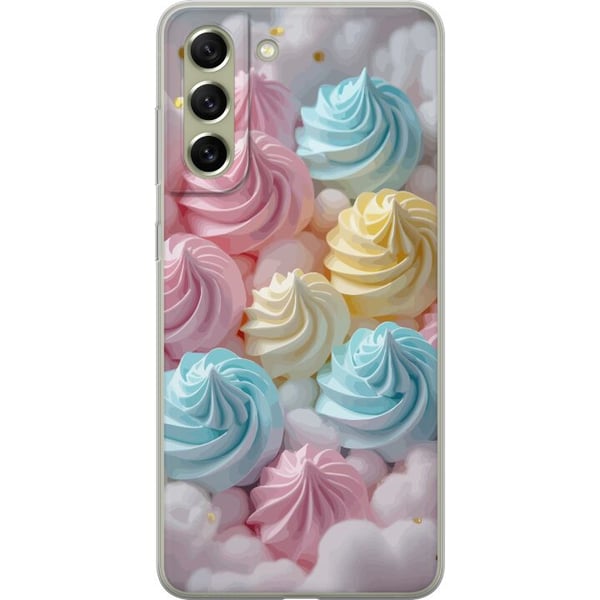 Kompatibel Mobilcover til Samsung Galaxy S21 FE 5G Pastelmarengsmotiv med candyfarverne rosa, blå og gul, sødt bagværksdesign til kageelskere