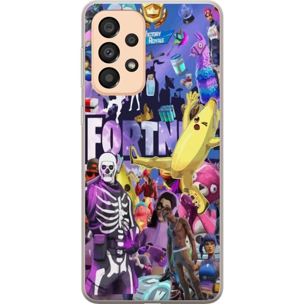 Yhteensopiva Puhelinkuori Samsung Galaxy A33 5G Fortnite-kollaasi, jossa on Banana Peely Battle Bus ja skinejä, värikäs peliaihe