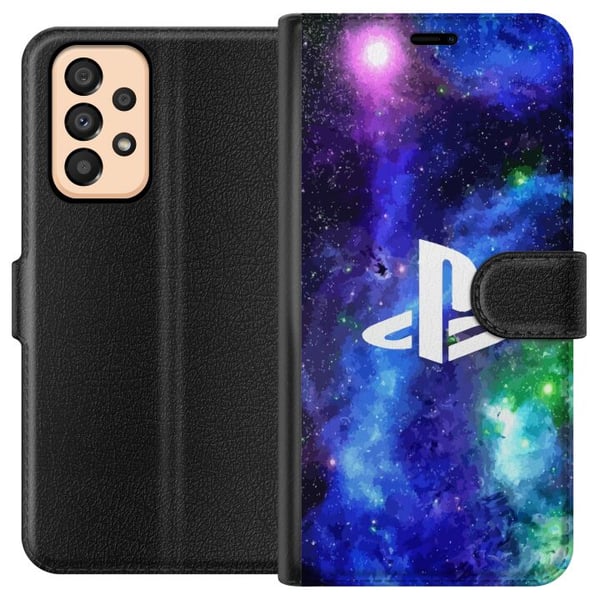 Yhteensopiva Lompakkokotelo Samsung Galaxy A33 5G PlayStation-logo galaksitaustaa vasten kosminen pelidesign pelaajille ja konsolifaneille