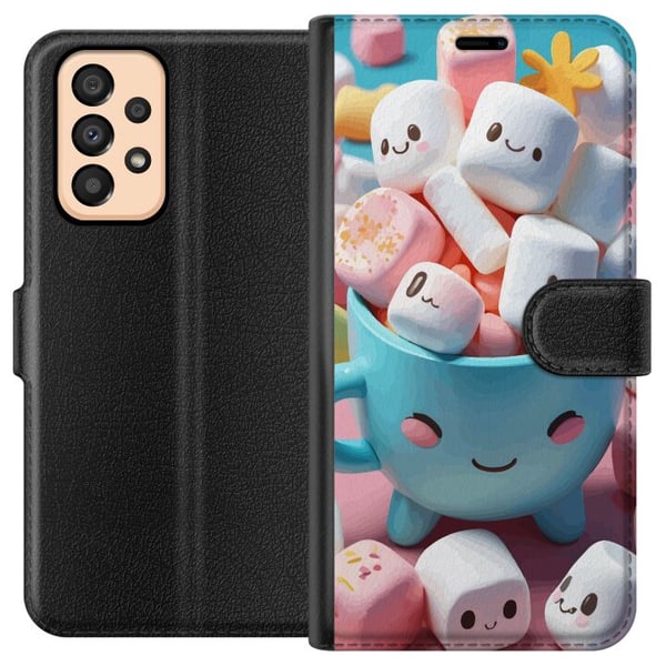 Yhteensopiva Lompakkokotelo Samsung Galaxy A33 5G Kawaii marshmallow smile kawaii-design, jossa on suloisia hahmoja kupissa, värikäs ja iloinen tyyli