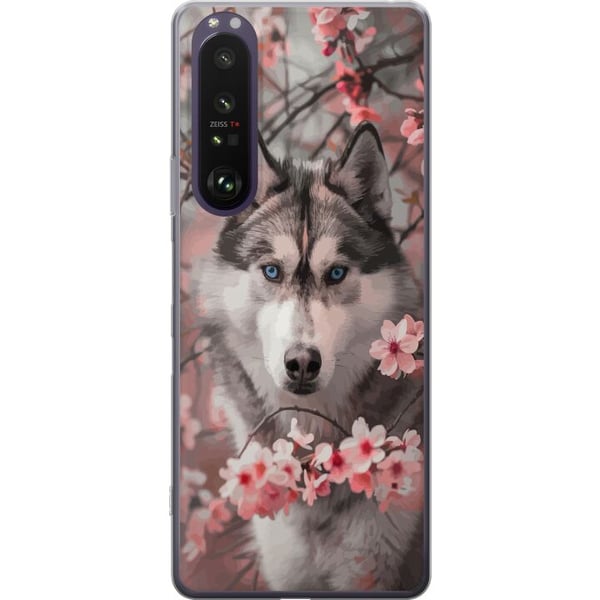 Kompatibel Mobilcover til Sony Xperia 1 III Husky med blå øjne blandt lyserøde kirsebærblomster – smukt, naturinspireret og detaljerigt motiv.