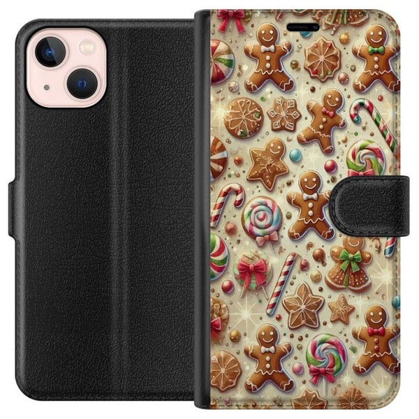 Kompatibelt Plånboksfodral till Apple iPhone 13 mini Julmotiv illustration – Polkagrisar pepparkakor och färgglada julgodisar