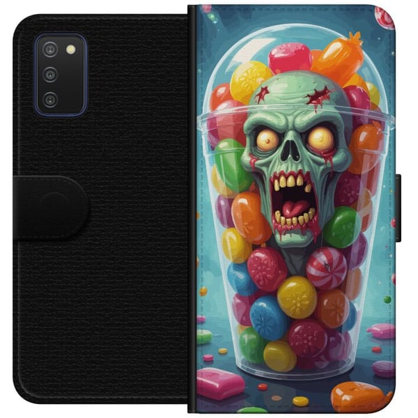 Kompatibelt Lommeboketui til Samsung Galaxy A03s Zombie plakat godterikopp skrekk kunst godteri hodeskalle skummel fargerik halloween uhyggelig desig