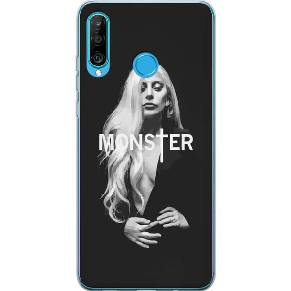 Kompatibelt Mobilskal till Huawei P30 lite Lady Gaga Monster porträtt – svartvit Lady Gaga design med stark MONSTER-typografi och ikonisk look