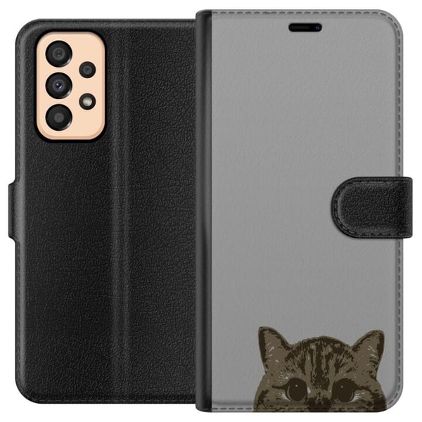 Yhteensopiva Lompakkokotelo Samsung Galaxy A33 5G Harmaa kissan katse - tyylikäs kissa suunnittelu harmaalla taustalla Yhteensopiva Lompakkokotelo Samsung Galaxy A33 5G Harmaa kissan katse - tyylikäs kissa suunnittelu harmaalla taustalla