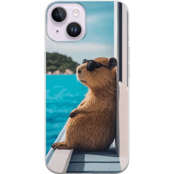 Kompatibel Mobilcover til Apple iPhone 14 Plus Kapybara ved havet med solbriller, humoristisk charmerende design med afslappet feriestemning