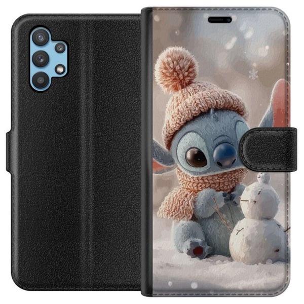 Kompatibelt Plånboksfodral till Samsung Galaxy A32 5G Stitch snögubbe vinter söt blue alien kawaii christmas cosy snow cute holiday adorable poster Kompatibelt Plånboksfodral till Samsung Galaxy A32 5G Stitch snögubbe vinter söt blue alien kawaii christmas cosy snow cute holiday adorable poster