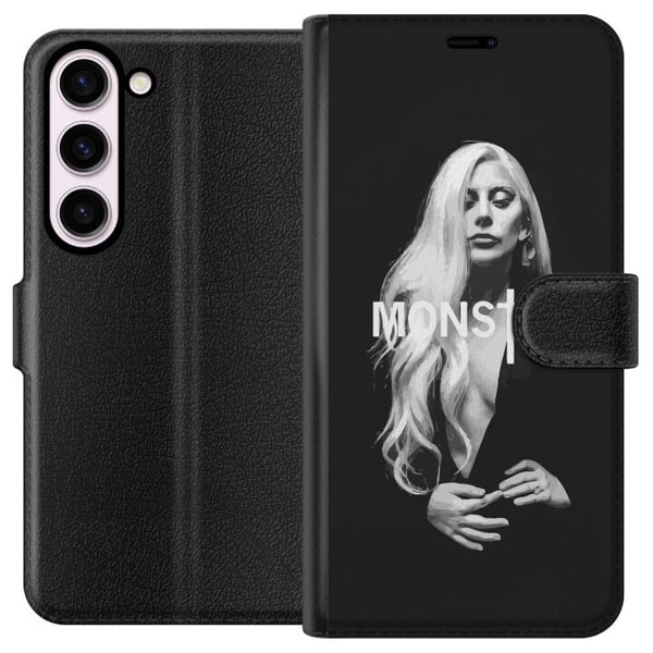 Yhteensopiva Lompakkokotelo Samsung Galaxy S23 Lady Gaga Monster -muotokuva – mustavalkoinen Lady Gaga -design vahvalla MONSTER-typografialla ja ikon