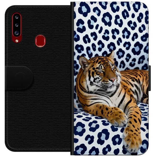 Kompatibelt Lommeboketui til Samsung Galaxy A20s Tiger Chill Pattern-motiv med en tiger som hviler mot en hvitblå mønstret bakgrunn i moderne design