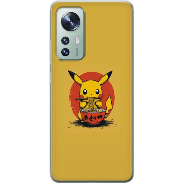 Yhteensopiva Puhelinkuori Xiaomi 12 Pikachu syömässä ramenia japanilaisessa animen inspiroimassa tyylissä keltaista taustaa vasten, hauska moderni ai