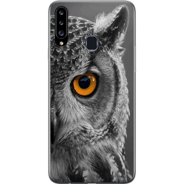 Kompatibelt Mobilskal till Samsung Galaxy A20s Svartvit ugglenärbild med intensivt orange öga och krispiga fjäderdetaljer