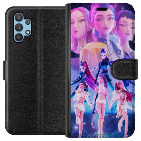 Kompatibelt Plånboksfodral till Samsung Galaxy A32 5G Kosmisk neonmiljö med K-popinspirerad tjejgrupp i futuristisk scenografi Kompatibelt Plånboksfodral till Samsung Galaxy A32 5G Kosmisk neonmiljö med K-popinspirerad tjejgrupp i futuristisk scenografi