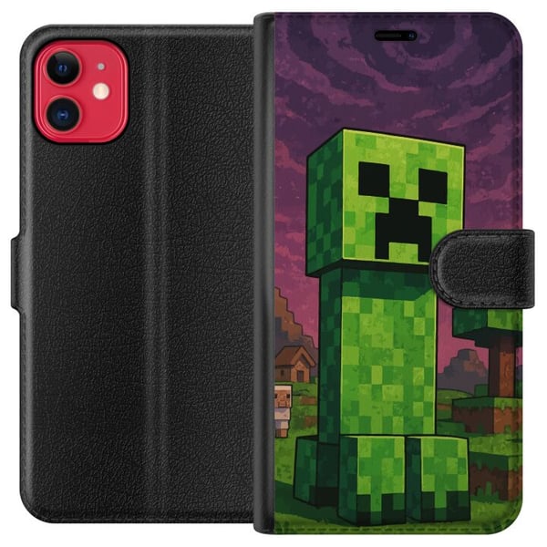 Kompatibel Tegnebogsetui til Apple iPhone 11 Blokagtig grøn figur i pixeleret fantasiverden med træer, huse og dyr i retrospilmiljø Kompatibel Tegnebogsetui til Apple iPhone 11 Blokagtig grøn figur i pixeleret fantasiverden med træer, huse og dyr i retrospilmiljø