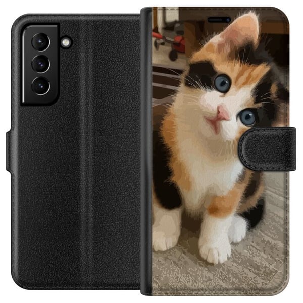 Yhteensopiva Lompakkokotelo Samsung Galaxy S21+ 5G Kolmivärinen kissanpentu sinisillä silmillä, suloinen sisäympäristö ja hurmaava ilme, täydellinen Yhteensopiva Lompakkokotelo Samsung Galaxy S21+ 5G Kolmivärinen kissanpentu sinisillä silmillä, suloinen sisäympäristö ja hurmaava ilme, täydellinen