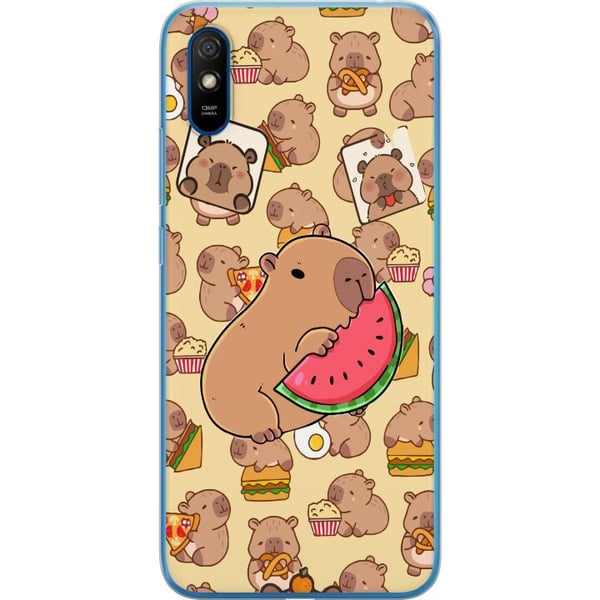 Kompatibel Mobilcover til Xiaomi Redmi 9A Capybara Snack Tid Søde kapibarer nyder vandmelon pizza og popcorn i et varmt og legende design, der sprede