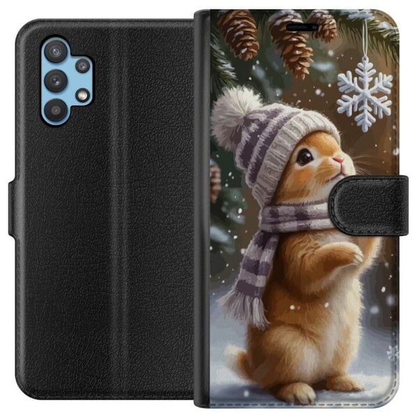 Kompatibelt Plånboksfodral till Samsung Galaxy A32 5G Vinterkanin med mössa och halsduk beundrar snöflinga charmigt vintermotiv fyllt med julkänsla
