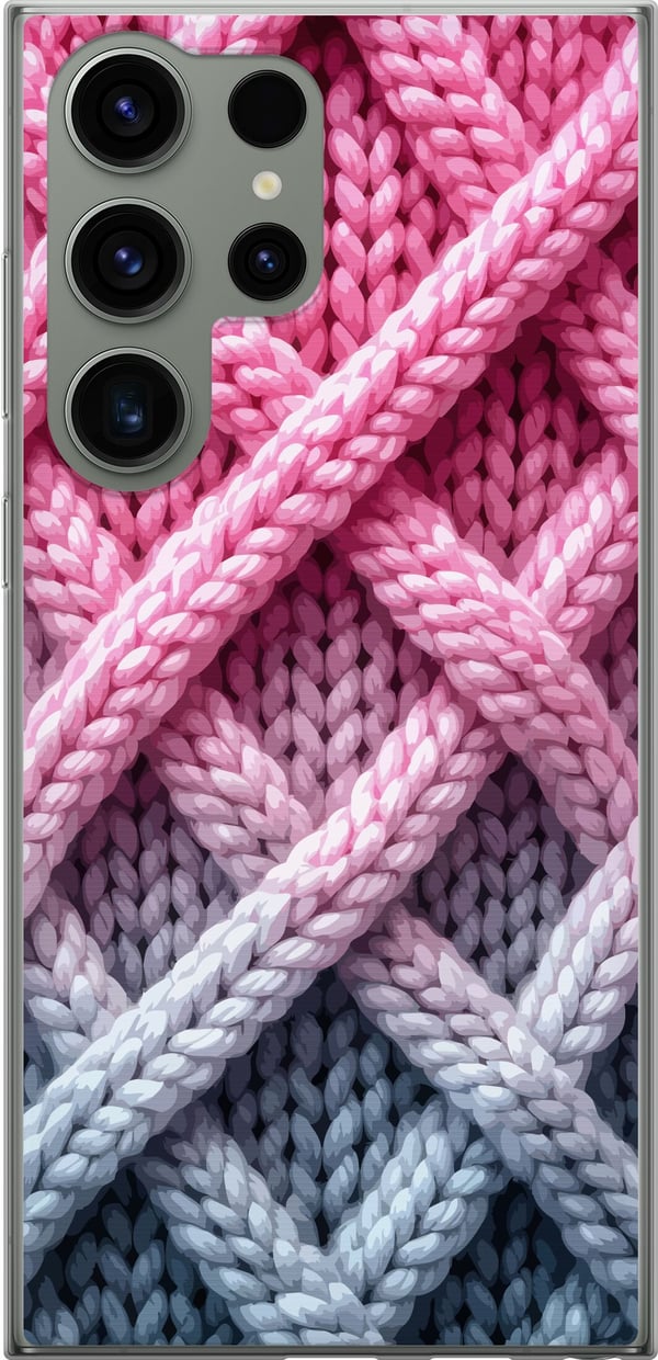 Kompatibel Mobilcover til Samsung Galaxy S23 Ultra Tæt nærbillede af flettet tekstil i pink, grå og hvid med tydelig taktil struktur