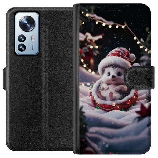 Yhteensopiva Lompakkokotelo Xiaomi 12 Pro Jouluinen siili söpö talvi kodikkaat valot joulupukin hattu siili söpö joulu ihastuttava loma juliste