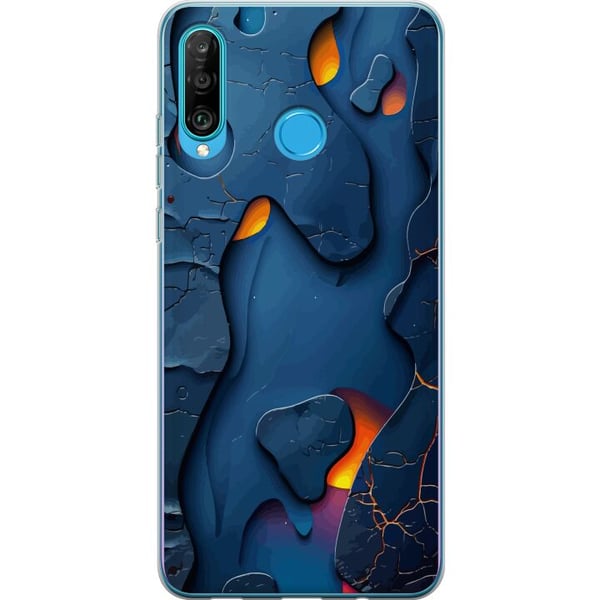 Kompatibelt Mobilskal till Huawei P30 lite Flytande abstrakta former i blått med varm glöd