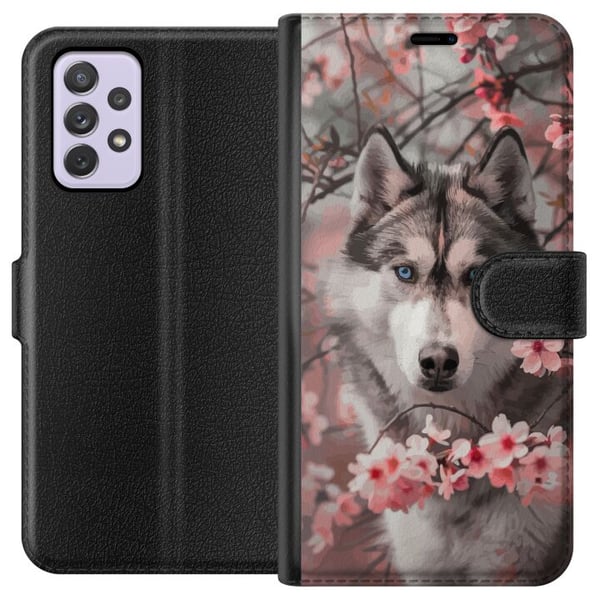 Kompatibelt Lommeboketui til Samsung Galaxy A52s 5G Siberian Husky plakat hund blå øyne kirsebærblomster hund ulv natur dyr blomster søt retro design
