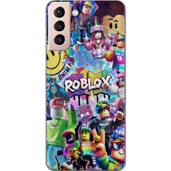 Kompatibelt Mobildeksel til Samsung Galaxy S21 Stor og fargerik Roblox-verden fylt med karakterer, bevegelse og energi, leken gaming-illustrasjon per