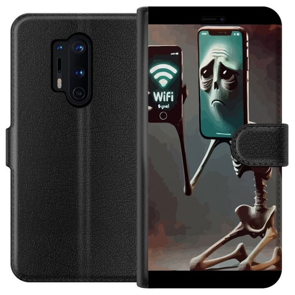 Kompatibel Tegnebogsetui til OnePlus 8 Pro Italiensk Brainrot-motiv – Skelet med mobil og svagt WiFi i unikt design