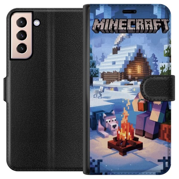 Kompatibelt Lommeboketui til Samsung Galaxy S21 Minecraft-vintermotiv med Steve, ulv, leirbål og snødekt hytte, spillillustrasjon for Minecraft-fans Kompatibelt Lommeboketui til Samsung Galaxy S21 Minecraft-vintermotiv med Steve, ulv, leirbål og snødekt hytte, spillillustrasjon for Minecraft-fans