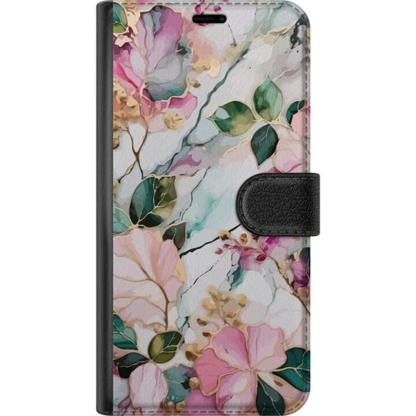 Kompatibelt Plånboksfodral till Samsung Galaxy A20e Pastellmarmor med blommor blad och subtila gyllene detaljer i mjuk komposition