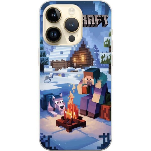 Kompatibel Mobilcover til Apple iPhone 14 Pro Minecraft-vintermotiv med Steve, ulv, lejrbål og snedækket hytte, spilillustration til Minecraft-fans