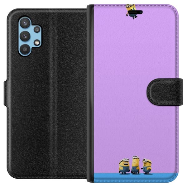 Kompatibelt Plånboksfodral till Samsung Galaxy A32 5G Minions illustration med lila och blå bakgrund humoristiskt filmtema för fans av roliga karaktä Kompatibelt Plånboksfodral till Samsung Galaxy A32 5G Minions illustration med lila och blå bakgrund humoristiskt filmtema för fans av roliga karaktä