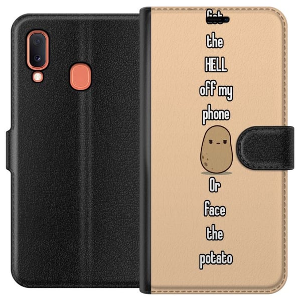 Kompatibelt Plånboksfodral till Samsung Galaxy A20e Potatis illustration – Roligt motiv Get off my phone or meet the potato