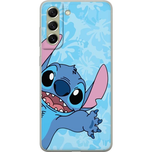 Kompatibel Mobilcover til Samsung Galaxy S21 FE 5G Stitch, der rækker frem i en farverig illustration med blomstret baggrund
