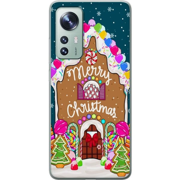 Yhteensopiva Puhelinkuori Xiaomi 12 Viehättävä piparkakkutalo värikkäine makeisineen, lumiyksityiskohtineen ja Merry Christmas -tekstillä – kodikas a