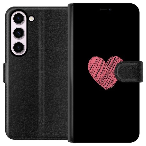 Yhteensopiva Lompakkokotelo Samsung Galaxy S23 Käsin piirretty vaaleanpunainen sydän mustalla minimalistisella taustalla