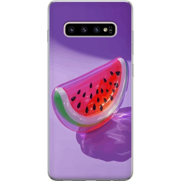 Kompatibelt Mobilskal till Samsung Galaxy S10+ Vattenmelon i glasstil mot lila bakgrund fräsch somrig design med saftig och modern känsla
