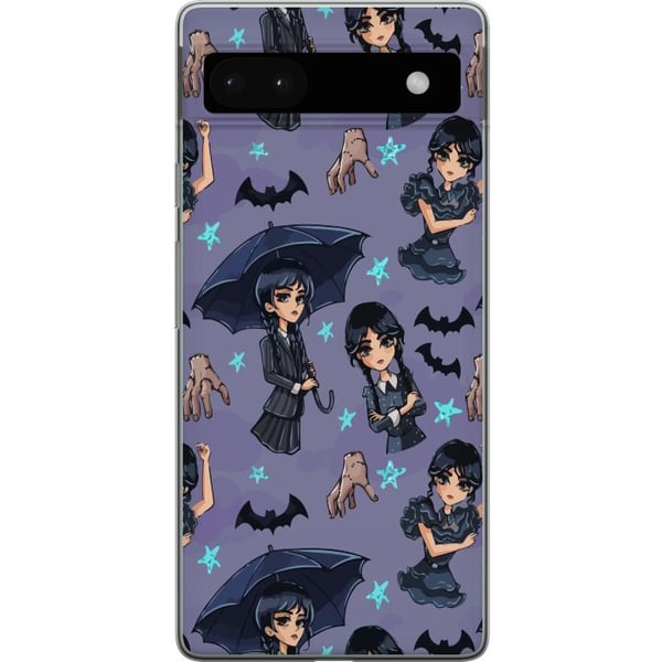Kompatibelt Mobilskal till Google Pixel 6a Wednesday Addams cartoon poster gothic Netflix serie bats hand Thing purple background cute design