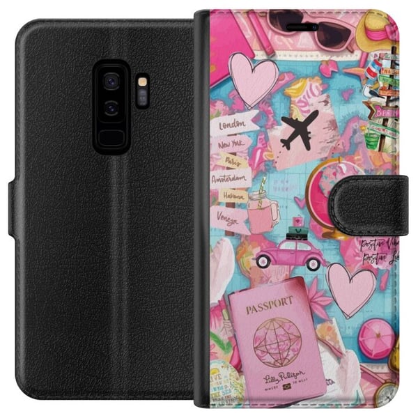 Kompatibelt Plånboksfodral till Samsung Galaxy S9+ Rosa och turkost resecollage med världskarta pass flygplan kameror hjärtan och destinationer mode Kompatibelt Plånboksfodral till Samsung Galaxy S9+ Rosa och turkost resecollage med världskarta pass flygplan kameror hjärtan och destinationer mode