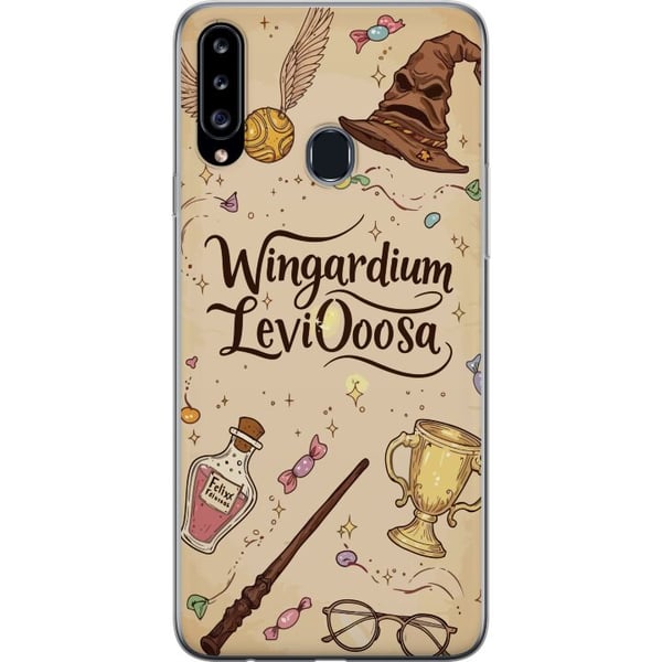 Kompatibelt Mobilskal till Samsung Galaxy A20s Harry Potter Wingardium Leviosa illustration – magiskt Harry Potter tema med trollstav, Snitch och hat