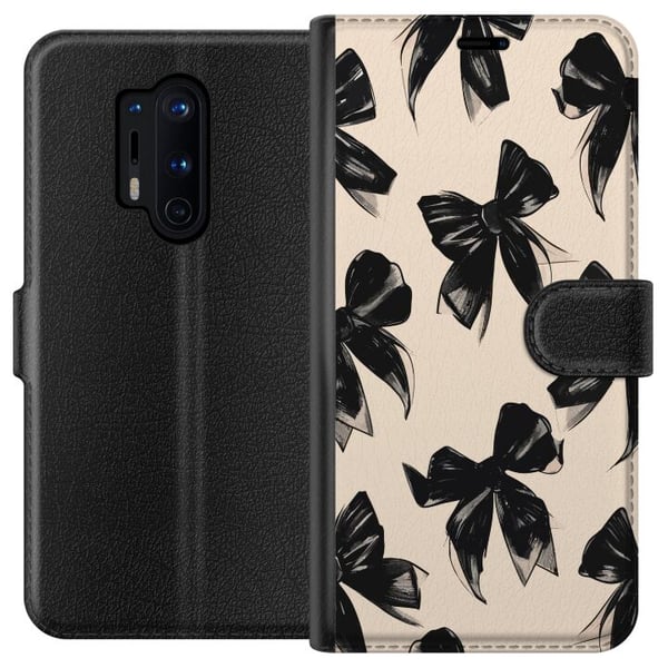 Kompatibel Tegnebogsetui til OnePlus 8 Pro Sorte rosetter på beige baggrund, elegant tidløst design med bløde kontraster og en luksuriøs følelse
