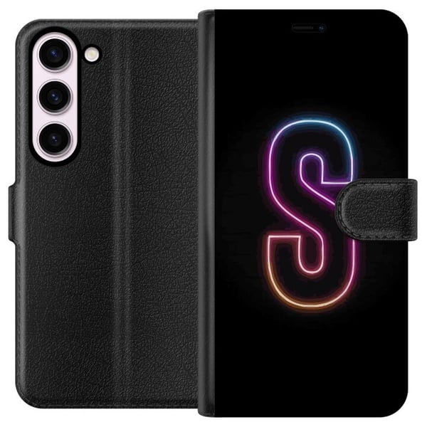 Yhteensopiva Lompakkokotelo Samsung Galaxy S23 Neonkirjain S vaaleanpunaisen ja sinisen sävyissä tummaa taustaa vasten retrofuturistisessa designissa