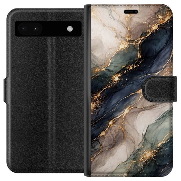 Yhteensopiva Lompakkokotelo Google Pixel 6a Ylellinen abstrakti marmoritaide mustana, valkoisena ja kultaisena elegantteine linjoineen, eksklusiivine