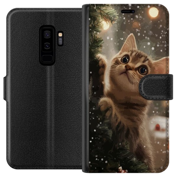 Kompatibelt Plånboksfodral till Samsung Galaxy S9+ Katt som klättrar i julgran med snöfall mysig vinterdesign perfekt för katt och julälskare